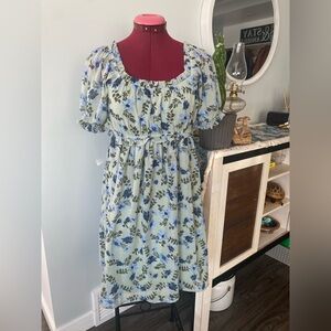 Cottagecore Floral Mini Babydoll Dress in Blue and Green Floral.